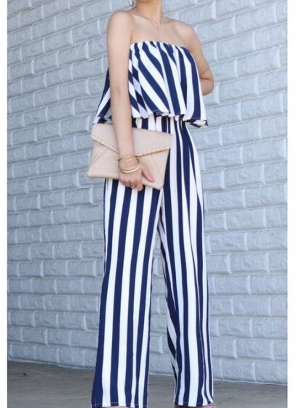 Lilly's Kloset Strapless Striped Jumpsuit Wide Leg Sz M Blue/white